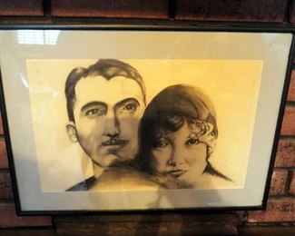 Charcoal And Pencil Sketch Of 20"s Era Couple, Framed matted Under Glass, 15" x 21", Includes 2 Original Photos Of The People And Newspaper Clippings