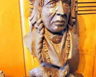 Painted Bisque Native American Bust With Eagle Head And Bison, 19" Tall