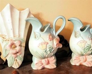 Hull Pottery Bow Knot Pitcher Vases, #B1, 6.5" Tall, Qty 2 And Wall Pocket