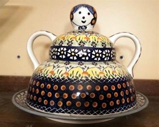 Wiza Hand Made Polish Pottery Cheese Lady Cheese Keeper, 9" Tall, With 11" Plate