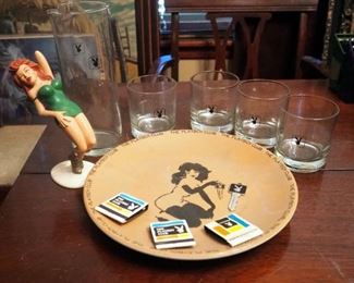Playboy Collectors Plate, Cocktail Glasses, Cylindrical Pitcher, Key, And Match Books