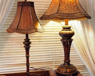 Bombay Style Table Lamps, With Basket Weave Wicker Shades, Qty 2, 28" Tall, And 29" Tall