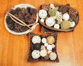 Decorative Balls, And Woven Baskets, Qty 5