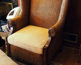 Wicker Wing Back Chair, 46" x 38" x 36" With Matching Ottoman, 16" x 23" x 20"