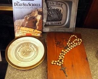 Vintage Bible In Wood Storage Box, Rosery, Daily Bread Display Plate And Dead Sea Scroll Book