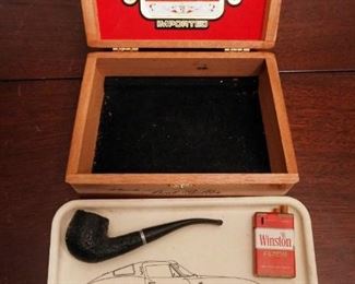 A Fuente Wood Cigar Box, Antique Tabaco Pipe, Corvette Tray And Winston Butane Lighter