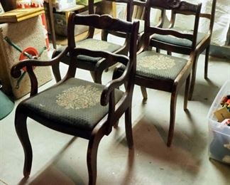 Antique Carved Rose-back Dining Chairs With Upholstered Seats, Qty 6, Including Captains Chair