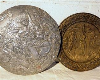 Decorative Pressed Metal Shield, 16" Diameter, And Brass Plate, 14" Diameter