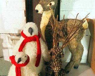 Christmas Animal Figures Including Snowy Penquins, Straw Reindeer And Pinecone Dog