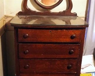 Antique 5 Drawer Chest Of Drawers With Beveled Glass Tilt Mirror And Dove Tail Construction, 62" x 30" x 19"