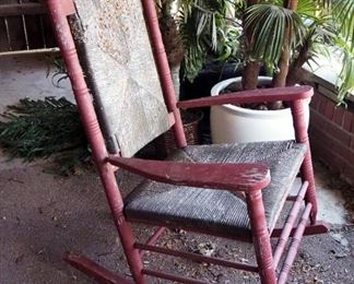 Oversized Painted Wood Rocking Chair With Woven Seat And Back, 46" x 28" x 36"