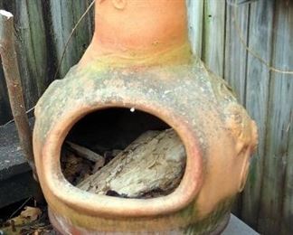Clay Pottery Chimenea On Metal Stand, 45" Tall