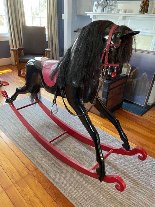 Haddon Rocking Horse, England.  Quite a rarity for one of the earlier larger ones.  Used in a modelling studio many years ago.