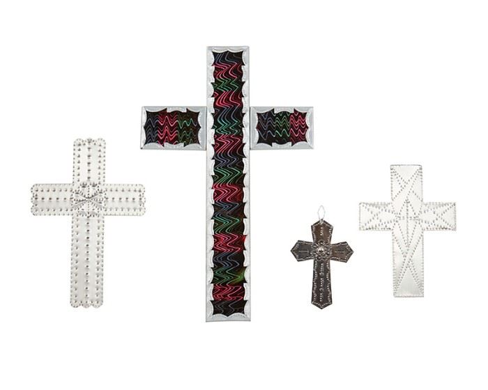 1
Four Devotional Tin Wall Crosses
Three groupings:

A Nicolas Madrid reverse-painted glass and tin cross
2006
Signed and dated: Nicolas Madrid / 2006
The glass panels with a polychromed swirl motif encased in hand-formed tin
13.25" H x 8.25" W

A Nicolas Madrid oxidized tin cross
2018
Signed and dated: Nicolas Madrid / 2018
With repousse designs
4.25" H x 3" W

Two Kevin Burgess-Chavez embossed tin crosses
21st Century
Each with embossed and repousse stippled designs, 2 pieces
Larger: 8" H x 5.375" W; Smaller: 6.25" H x 4.625" W

4 pieces
Estimate: $200 - $300