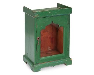 15
A Painted Wood "Nicho" Cabinet
Circa 1970s; Mexico
The small niche cabinet painted green with a single glazed door
14.75" H x 11" W x 7" D
Estimate: $200 - $300