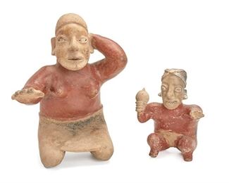 32
Two Pre-Columbian Jalisco Ceramic Figures
Circa 100 BCE-250 CE
Each earthenware painted with red and cream slips, comprising a kneeling female figure with one outstretched hand and one hand behind her head and a hunchback crouching male figure holding a rattle, 2 pieces
Larger: 14" H x 10.5" W x 8.5" D; Smaller: 8.5" H x 7" W x 5.5" D
Estimate: $750 - $1,000