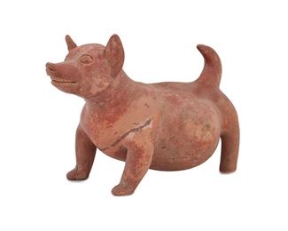 35
A Pre-Columbian Colima Ceramic Dog Effigy
Circa 250 BCE-250 CE
The hollow, earthenware dog figure with bent legs and bulbous belly
9.625" H x 14" W x 7.5"D
Estimate: $600 - $900