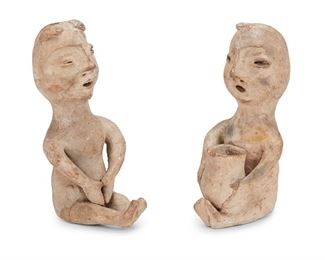 36
Two Hand-Formed Nayarit Ceramic Figures
Pre-1965
Comprising two seated figures, one holding a vessel, 2 pieces
Larger: 6.25" H x 3" W x 3.5" D; Smaller: 6" H x 2.75" W x 3.25"D
Estimate: $400 - $600