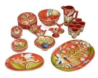 66
A Tlaquepaque Pottery Dinner Service, By Josefina Arias
Circa 1940s; Tlaquepaque, Mexico
Some with impressed Josefina Arias mark
The pottery service for six wih variously designed polychrome floral motifs on high-gloss red glaze, comprising six divided dinner plates (11.375" Dia.), six salad plates (8" Dia.), six bowls (6" Dia.), six tumblers (5.25" H x 3.75" Dia.), one meat serving platter (3" H x 21.75" W x 15" D), one small platter (17" W x 10.5" D), one flower arranging bowl (4" H x 10" Dia.), one large salad serving bowl (6.75" H x 13.25" Dia.), one gravy boat (4.5" H x 8" W x 6.5" D), one large pitcher (11.5" H x 10.25" W x 6.75" D), one 4-cup teapot (4.75" H x 8.25" W x 5.5" D), one 2-cup teapot (4.5" H x 7.5" W x 4.5" D), and one two-light candelabrum (5.75" H x 8.25" W x 5.25" D), 33 pieces
Estimate: $1,200 - $1,500