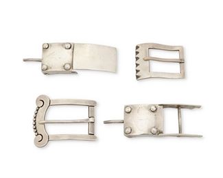 76
A Group Of Héctor Aguilar Silver Belt Buckles
Three works:

A single buckle with arabesque and silver ball edge
1940-1945 and 1948-1962; Taxco, Mexico
Stamped for Héctor Aguilar with conjoined HA; Further stamped: Taller Borda / Taxco / Mexico / 940 / [Eagle 9]
1.875 " H x 2.375" W

A single buckle with incised geometric edge
1940-1945 and 1948-1962; Taxco, Mexico
Stamped for Héctor Aguilar with conjoined HA; Further stamped: Taxco / 940
1.375" H x 1.875" W

A double-sided buckle with central clasp hook
1940-1945 and 1948-1962; Taxco, Mexico
Stamped for Héctor Aguilar with conjoined HA; Further stamped: Made in Mexico / Sterling
1.125" H x 4" W

3 pieces
123.5 grams gross
Estimate: $200 - $300