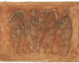 80
Francisco Zúñiga
1913-1998, Mexician
"Grupo," 1982
Mixograph on handmade paper under plexiglas
Edition: 47/100; signed, dated and numbered in pencil lower left: Zuniga; Taller de Grafica Mexicana, Mexico City, prntr; Mixografia Workshop, Los Angeles, pub.
Image/Sheet: 11.75" H x 16.5" W
Estimate: $800 - $1,200