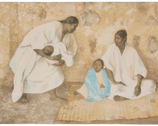 81
Francisco Zúñiga
1912-1998, Mexican
"Familia Indigena, I," 1976
Color lithograph on paper under glass
Edition 4/125; signed, dated and numbered in pencil at the lower right: Zúñiga; with the blindstamp of Kyron, Mexico, prntr.; Graphic Arts Council, LACMA, pub.
Image/Sheet: 25" H x 35" W
Estimate: $800 - $1,200