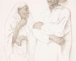 82
Francisco Zúñiga
1912-1998, Mexican
"La Abuela," 1981
Color lithograph on wove paper, watermark Guarro, under glass
Edition 7/100; signed, dated and numbered lower left: Zuniga; titled on a tag affixed to the backing paper; Poligrafa, Barcelona, prntr./pub.
Sheet: 29.75" H x 21.5" W
Estimate: $800 - $1,200