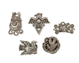 92
A Group Of Matl Silver And Hardstone Brooches, By Matilde Poulat
Five works:

A silver repoussé eagle brooch
1934-1960; Mexico City, Mexico
Stamped: Matl [script] / 925
2" H x 2.125" W

A dove brooch with turquoise set to the lower cloud
1934-1960; Mexico City, Mexico
Stamped: Matl / 0.900
1.75" H x 1.625" W

A brooch of a pheasant with lower rose drop and stone set eye
1934-1960; Mexico City, Mexico
Stamped: Matl
2.25" H x 1.375" W

A silver repoussé dove brooch
1934-1960; Mexico City, Mexico
Triple-stamped: Matl
1.375" H x 1.75" W

A silver repoussé and wirework dove barrette with stone set turquoise eye
Stamped: Matl / Mexico / Silver
1" H x 2" W

5 pieces
62.2 grams gross
Estimate: $300 - $500