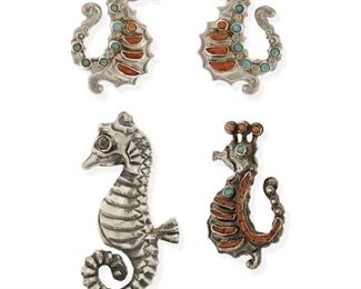 93
A Group Of Matl Silver Seahorse Jewelry Items, By Matilde Poulat
Three works:

A pair of repoussé seahorse earrings with coral-set bellies and turquoise spine/tails
1934-1948; Mexico City, Mexico
Stamped: Matl / Hecho en Mexico / 0.925
Each 2" L x 1" W

A repoussé seahorse brooch with coral-set belly and spine and turquoise eye
1934-1948; Mexico City, Mexico
Stamped: Matl; Further partially stamped: 925 / Mexico
2" H x 1" W

A larger silver repoussé seahorse brooch with grey hardstone eye
1934-1948; Mexico City, Mexico
Stamped: Matl / Mexico / Silver
2.5" H x 1.25" W

4 pieces
37.8 grams gross
Estimate: $400 - $600