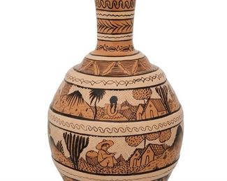 98
A Tlaquepaque Pottery Water Jar
Circa 1930; Tlaquepaque, Mexico
Marked: Mexico
The bulbous vessel with skinny neck decorated with duotone black and cream figural campesino registers, floral motifs, and petatillo crosshatching
12.5" H x 7.5" Dia.
Estimate: $200 - $300