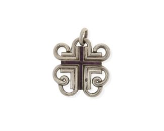 116
A William Spratling Sterling Silver And Amethyst Pendant
1964-1967, Third Design Period; Taxco, Mexico
Stamped for William Spratling; Further stamped 925 / Taxco / Mexico / [indistinct eagle]
A stylized cross with narrow inlaid carved amethyst
2.375" H x 2.25" W
39.0 grams
Estimate: $400 - $600