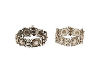 126
A Pair Of William Spratling Silver Bracelets
1940-1946, First Design Period; Taxco, Mexico
Both stamped for William Spratling; Further stamped: Made in Mexico / Silver
Comprising two bracelets, each designed as alternating silver cone and triple ball links with pin closures and chain guards

2 pieces
7.25" L and 7.75" L x 0.875" H
73.5 grams gross
Estimate: $600 - $800