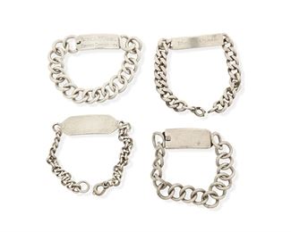 139
A Group Of William Spratling Silver ID Bracelets
1940-1946, First Design Period; Taxco, Mexico
Each stamped for William Spratling; Further stamped: Made in Mexico / Silver / Sterling
Comprising four ID bracelets of varying weights, designs and chain sizes, with two being personalized

4 pieces
Size range: 7" L to 8.5" L
181.0 grams gross
Estimate: $600 - $800
