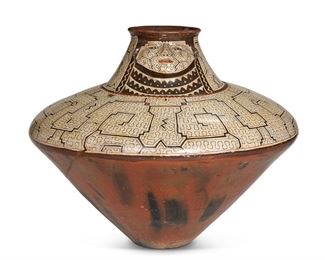 143
A Monumental Shipibo-Conibo Masato Effigy Vessel
Fourth-Quarter 20th Century; Shipibo-Conibo people, Peru
The large vessel with polychrome, stylized snake geometric patterning
34" H x 41" Dia.
Estimate: $2,000 - $3,000