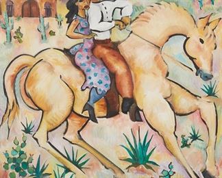 146
Ed Gilliam
b. 1941, Jalisco, Mexico
Horse And Riders, 1973
Oil on canvas
Signed and dated lower right: Gilliam
37.5" H x 37.5" W
Estimate: $600 - $800