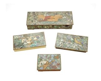 149
A Group Of Los Castillo Mixed-Metal And Mosaic Humidor Boxes
Third-Quarter 20th Century; Taxco, Mexico
Three marked for Los Castillo / Taxco; Further variously marked: Hecho en Mexico / Hecho a Mano; One unmarked
Each wood-lined box with stone mosaic and mixed-metal inlay, decorated with figural Aztec themes to the lids, 4 pieces
Larger: 2.125" H x 11.625" W x 4.5" D; Smaller: 1.125" H x 5.125" W x 3.75" D
Estimate: $400 - $600