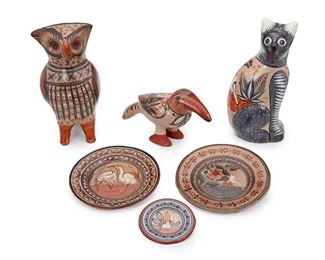 164
A Group Of Tonalá Pottery Items
Six works:

Charger with two cranes
Circa 1970s; Tonalá, Mexico
9.375" Dia.

Charger with dove, by Antonio Solis
Circa 1960s; Tonalá, Mexico
Signed: Solis / Mexico
9.75" Dia.

Small charger with lone campesina
Circa 1970s; Tonalá, Mexico
5.375" Dia.

An owl figure, by Antonio Solis
Circa 1960s; Tonalá, Mexico
Signed: Solis / Mexico
14" H x 6.5" W x 7.5" D

A toucan figure
Circa 1960s; Tonalá, Mexico
6.75" H x 5" W x 12" D

A grey cat figure, by Elena Jimón
Circa 1980s; Tonalá, Mexico
Signed: E. Jimón / Tonala Jal / Mexico
14.25" H x 6" W x 5.5" D

6 pieces
Estimate: $200 - $400