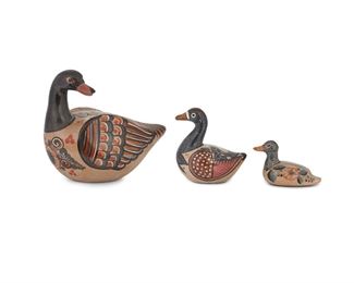 166
Three Tonalá Pottery Bird Figures
Three works:

A large duck figure
Circa 1970s; Tonalá, Mexico
12.125" H x 14.5" W x 7.25" D

A medium duck figure
Circa 1970s; Tonalá, Mexico
Signed: Tonala / Jal. / Mexico / B.M.L.
8" H x 5.25" W x 7.75" D

A small duck figure, by Antonio Solis
Circa 1960s; Tonalá, Mexico
Signed: Solis / [partially illegible] Nos
4.75" H x 4" W x 7.5" D

3 pieces
Estimate: $150 - $250