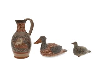 167
Three Tonalá Bruñido Pottery Items, By Amado Galvan
(1893-1954, Tonalá, Mexico)
Each signed
Comprising a pitcher with a dove and a deer (10.5" H x 5" W x 5.5" D), a duck figure (6" H x 5" W x 11.25" D), and a small bird figure (4.25" H x 3" W x 6.75" D), 3 pieces
Estimate: $300 - $500