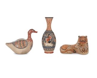 168
Three Tonalá Bruñido Pottery Items
Three works:

A large duck figure
Circa 1970s; Tonalá, Mexico
Marked: Mexico
13" H x 8" W x 16.5" Dia.

A nahual figure
Circa 1960s; Tonalá, Mexico
9" H x 15.5" W x 7.5" Dia.

A large jar with a deer framed by floral motifs, by Antonio Solis
Circa 1960s; Tonalá, Mexico
Signed: Solis / Mexico
19" H x 7" Dia.

3 pieces

Estimate: $300 - $500