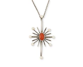 171
An Antonio Pineda Silver, Coral, And Pearl Pendant Necklace
1953-1979; Taxco, Mexico
Crown mark for Antonio Pineda; Further stamped: Hecho en Mexico / 970 / [Eagle 17]
Comprising a starburst pendant centering oval coral tipped with pearls suspended from a signed silver chain

2 pieces
Pendant: 2.75" H x 1.75" W; Chain: 20" L
22.0 grams gross
Estimate: $400 - $600