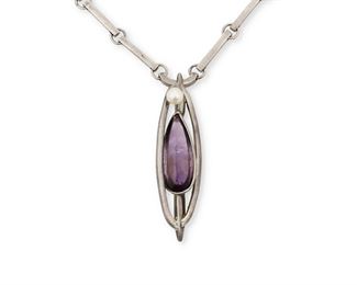 172
An Antonia Pineda Silver, Amethyst, And Pearl Necklace
1953-1979; Taxco, Mexico
Stamped with crown mark for Antonio Pineda / [Eagle 17]; Further stamped: Hecho en Mexico / 970
Designed as an abstract pendant featuring a pear-shaped cabochon amethyst accented with a cultured pearl suspended on an attached chain
20" L x 2.375" H
49.0 grams
Estimate: $500 - $700