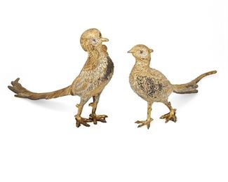 180
Two Mexican Sterling Silver Pheasants
Mid-20th Century; Mexico City, Mexico
Each marked: Hecho en Mexico / Sterling / JMS [José Marmolejo]
Each with cabochon ruby eyes, 2 pieces
Larger: 8" H x 12.5" W x 2.5" D; Smaller: 7.5" H x 12.5" W x 2.75" D
79.925 gross oz. troy approximately
Estimate: $1,800 - $2,500