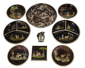 183
A Group Of Mexican Pottery Serving Items
Six works:

A Tlaquepaque creamer
Circa 1940s; Tlaquepaque, Mexico
Marked: Mexico
Possibly by Baxter, with a campesino scene
Creamer: 3.75" H x 3.75" W x 2.75" D

A pair of Tlaquepaque divided dinner plates, attributed to Baxter
Circa 1930s; Tlaquepaque, Mexico
With campesino scenes, 2 pieces
Each: 11" Dia.

A pair of Tlaquepaque luncheon plates, by Josefina Arias
Circa 1920s; Tlaquepaque, Mexico
Each marked: J / Arias / P / Made in Mexico
Each with burro scene, 2 pieces
Each: 8" Dia.

A pair of Tlaquepaque Babyface bowls
Circa 1940s; Tlaquepaque, Mexico
Each marked: Mexico
Each with campesino water carrier scene, 2 pieces
Each: 2" H x 8.25" Dia.

A Tlaquepaque Babyface tile
Circa 1940s; Tlaquepaque, Mexico
With a campesino and burro scene
5.75" W x 5.75" D

A Patzcuaro serving platter
Circa 1970; Patzcuaro, Mexico
The glazed brown platter with cream fish motif
1.25" H x 13.25" Dia.

9 pieces
Estimate: $300 - $500