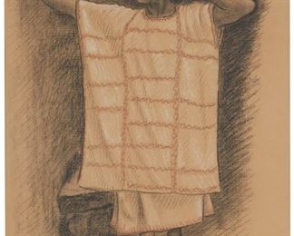 185
Jorge Leguizamo
20th Century, Mexican
Standing Figure With A Woven Poncho, 1976
Charcoal and conte on tan paper under glass
Signed, dated and inscribed lower right: J Leguizamo
Image/Sheet: 23.25" H x 19.75" W
Estimate: $300 - $500