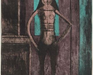 186
Attributed To Rufino Tamayo
1899-1991, Mexican
"Mujer Con Mallas Negras," 1969
Color lithograph on Japon nacre paper under glass
Signed in pencil in the lower margin at right: R Tamayo; bears pencil numbering in the lower margin at left: P/A II/X
Image: 27.5" H x 21.25" W; Sheet approx. 30.25" H x 22.5" W
Estimate: $1,500 - $2,500