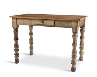 192
A Painted Wood Writing Desk
20th Century; Mexico
The painted writing desk with rectangular top over one frieze drawer and raised on four turned wood legs
31.25" H x 41.25" W x 26.5" D
Estimate: $300 - $500