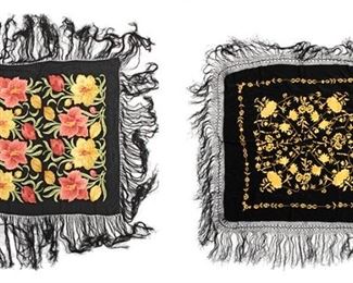 211
Two Embroidered Silk Piano Shawls
First-Quarter 20th Century
One black with yellow embroidery, one black with yellow, green and pink embroidery, 2 pieces
Larger: 49" H x 49" W; Smaller: 35.5" H x 35" W
Estimate: $800 - $1,200