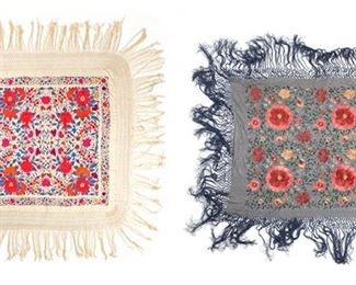 212
Two Embroidered Silk Piano Shawls
First-Quarter 20th Century
Comprising a grey scarf with blue fringe and a white scarf with polychrome embroidery, 2 pieces
Grey: 48" H x 53.5" W; White: 62" H x 62" W
Estimate: $800 - $1,200