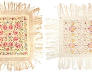 213
Two Embroidered Silk Piano Shawls
First-Quarter 20th Century
Comprising two polychrome embroidery shawls on cream backgrounds, 2 pieces
Larger: 59" H x 59" W; Smaller: 50" H x 50" W
Estimate: $800 - $1,200